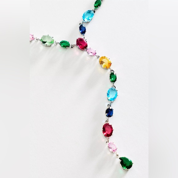 🌈 Anthropologie Rainbow Stone Lariat Necklace in Silver - Picture 2 of 11